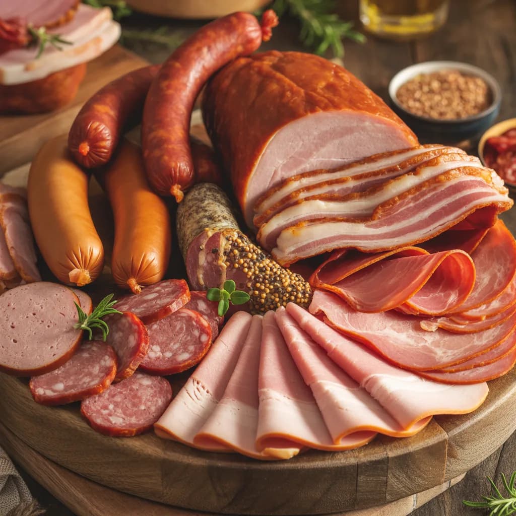 Platter of sliced cured meats, sausage, and ham with mustard and fresh herbs