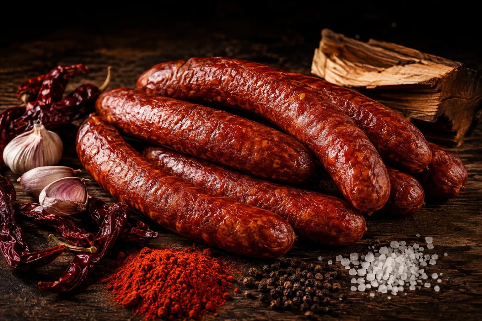 Smoked hot link sausages stacked on dark weathered wood with dried red chiles, garlic, paprika, peppercorns, coarse salt, and a chunk of smoking wood