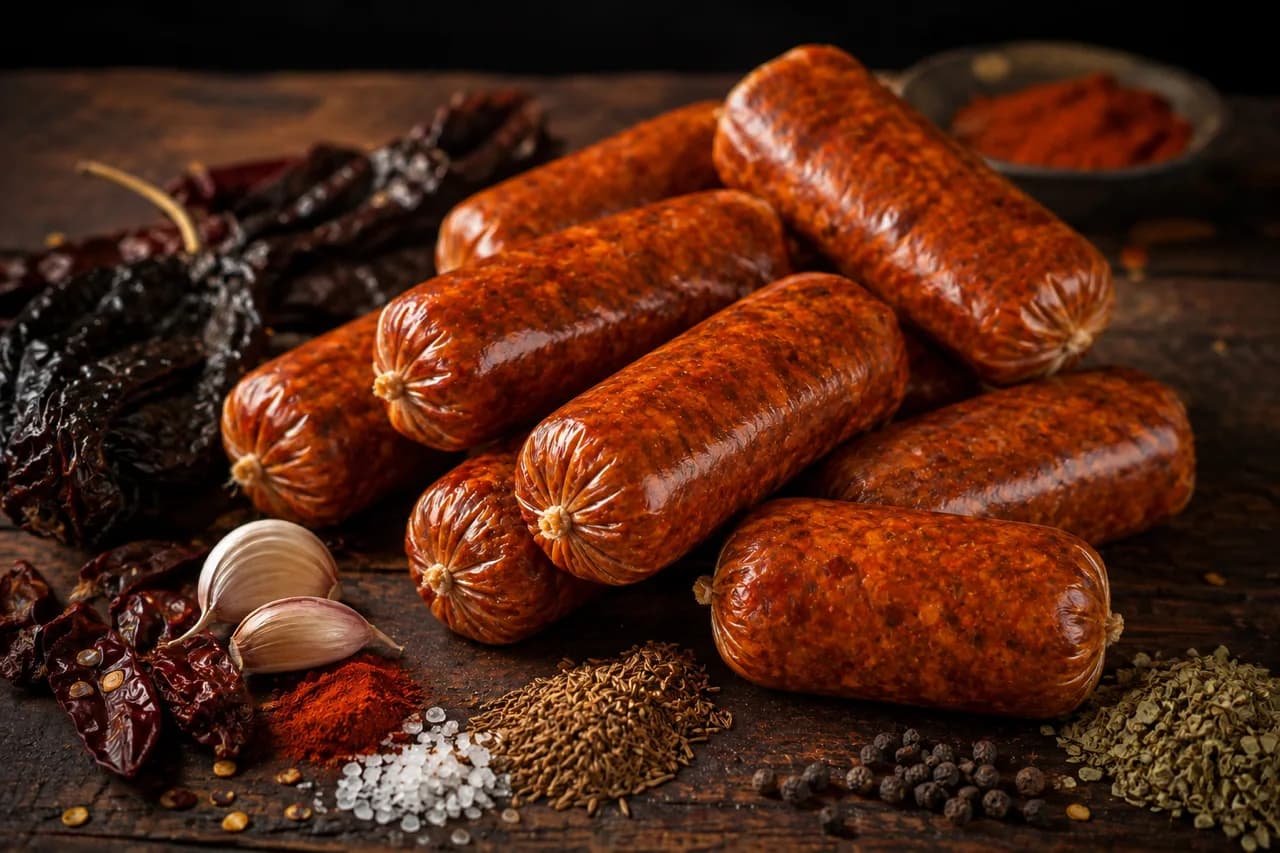 Mexican chorizo chubs stacked on dark weathered wood, surrounded by dried chiles, garlic, and ground spices