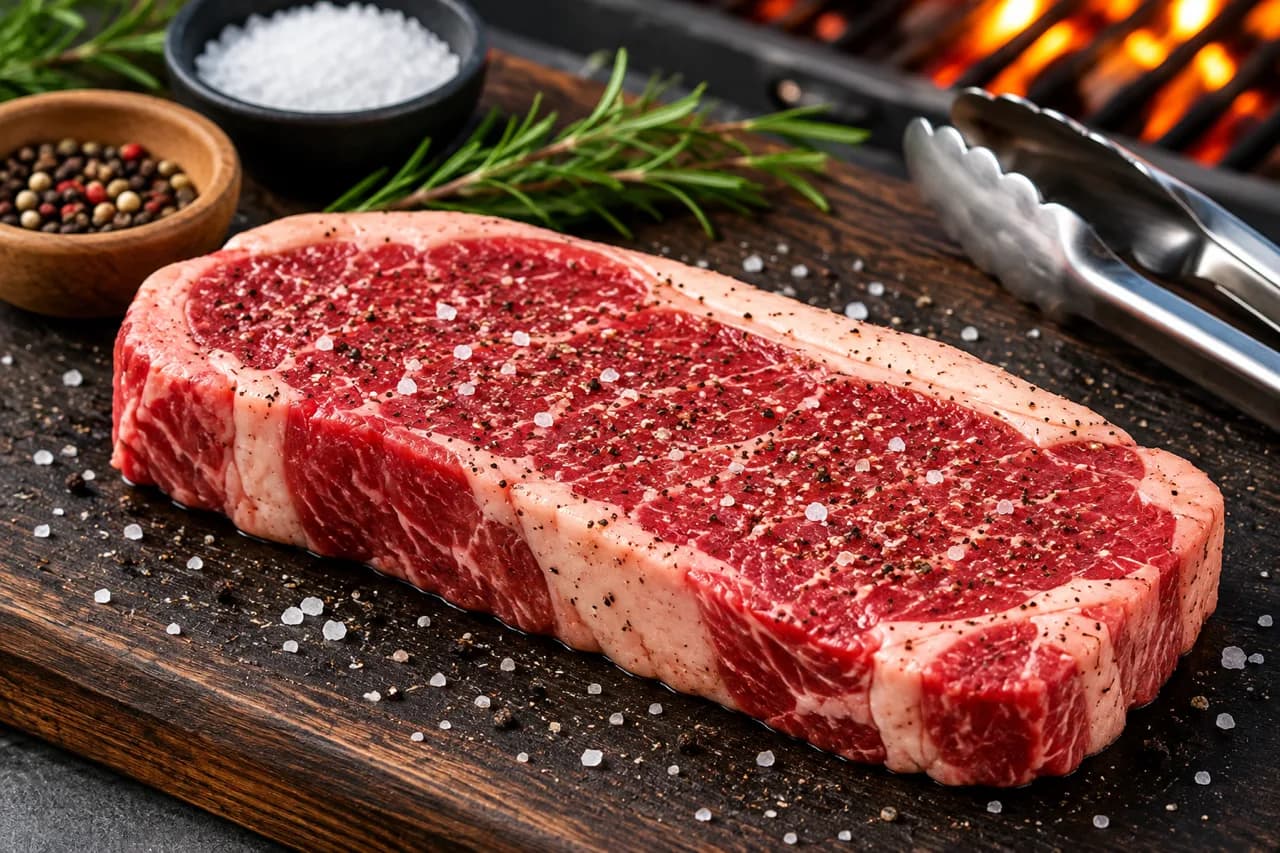 Raw marbled New York strip steak seasoned with salt and cracked pepper on a dark wooden board beside a grill