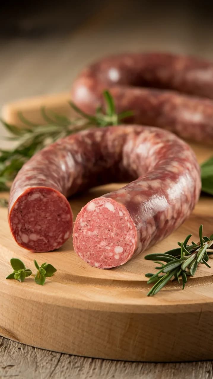 Smoked summer sausage links on a wooden board, one sliced to show the coarse marbled interior