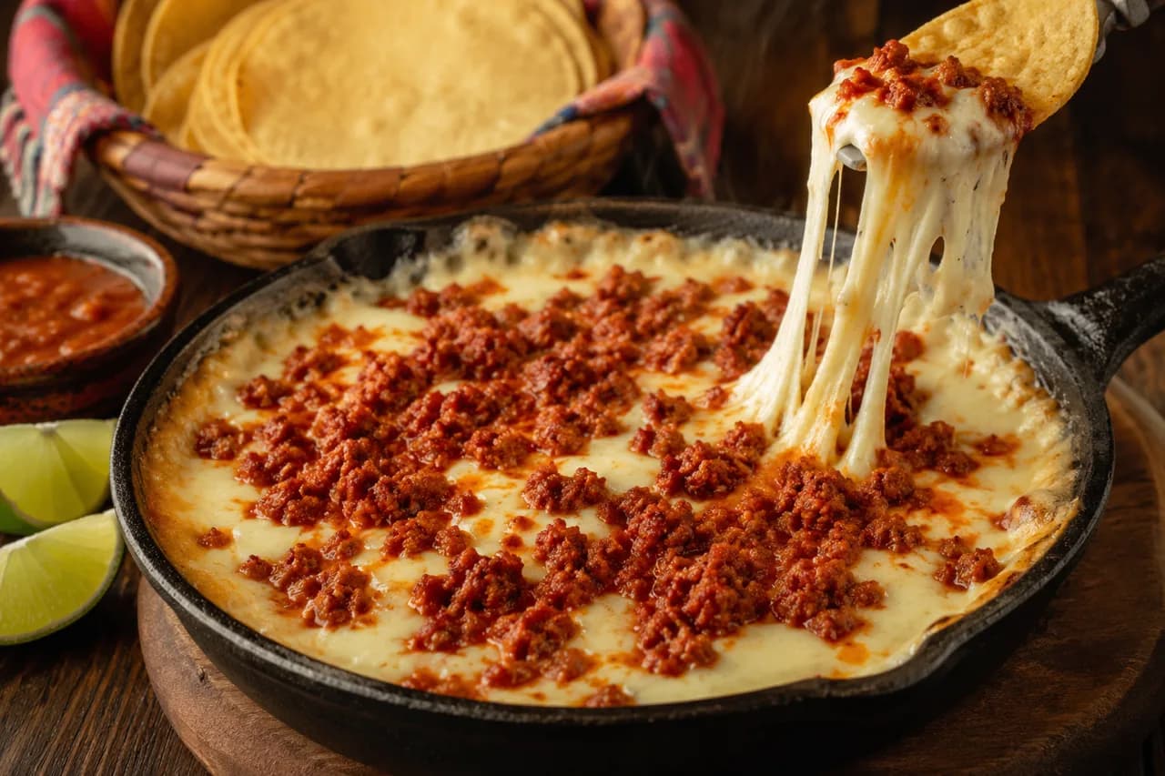 Cast iron skillet of melted cheese topped with crumbled chorizo