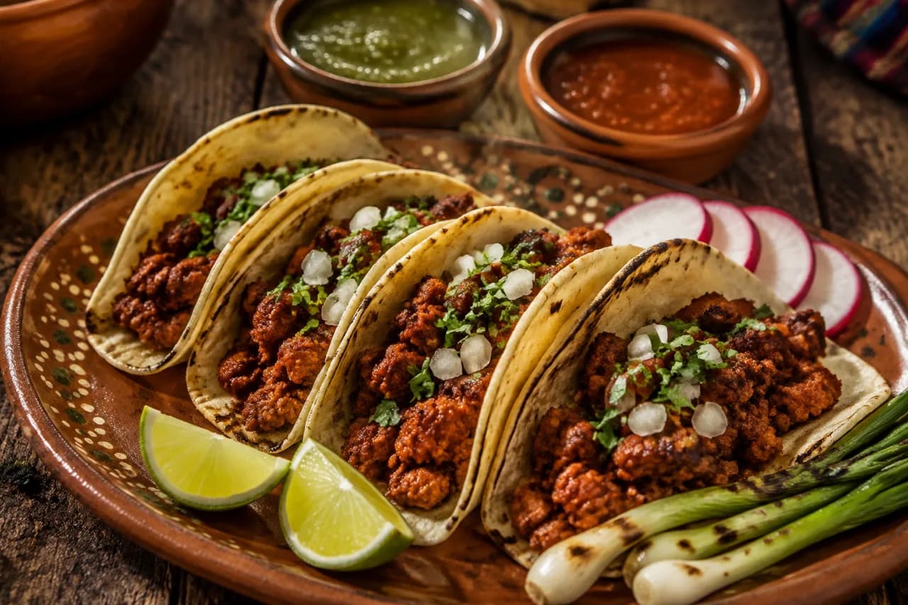 Chorizo tacos on a terracotta plate with lime, salsa, and grilled spring onions